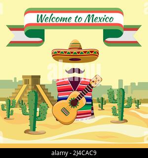 Willkommen in Mexiko, mexikanische traditionelle Elemente vor dem Hintergrund von Kakteen und Sand Stock Vektor