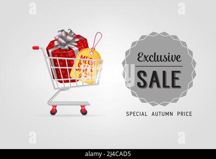 Exklusiver Sale-Schriftzug mit Geschenkbox im Warenkorb. Herbstangebot oder Verkauf Werbedesign. Handgeschriebener und getippte Text, Kalligraphie. Für Broschüre Stock Vektor