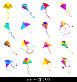 Bunte Kite-Icons set.Toy-Design, Objektgruppe für Aktivität Spiel, fliegen Freiheit, Vektor-Illustration Stock Vektor