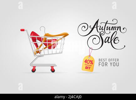 Herbstverkauf Schriftzug mit Aufhänger und Schuh im Warenkorb. Herbstangebot oder Verkauf Werbedesign. Handgeschriebener und getippte Text, Kalligraphie. Für lea Stock Vektor