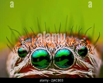 Beängstigende Augen einer springenden Spinne mit leerem Platz für Text Stockfoto