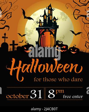 Halloween Schriftzug mit Datum, Schloss, Kürbissen und Vollmond. Einladung oder Werbegestaltung. Handgeschriebener Text, Kalligraphie. Für Broschüren, Broschüre Stock Vektor