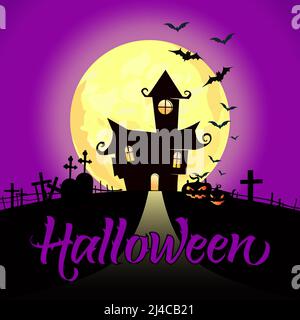 Halloween Schriftzug mit Vollmond, Schloss, Kürbissen und Fledermäusen. Einladung oder Werbegestaltung. Handgeschriebener Text, Kalligraphie. Für Broschüren, Broschüre Stock Vektor