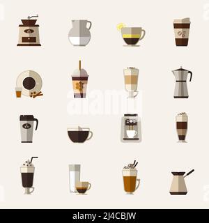 Symbole für Kaffeeplatt eingestellt. Tasse und türke, Mühle und Maker, Getränk und Latte, Take Away und Mokka, Vektor-Illustration Stock Vektor