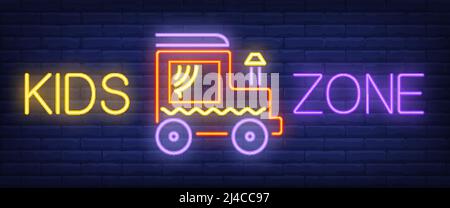 Kids Zone Neontext mit Spielzeugauto. Vergnügungspark und Werbegestaltung. Nachts helles Neonschild, bunte Plakatwand, Lichtbanner. Vektorgrafiken Stock Vektor
