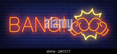 Knallende Neon-Texte mit Boxhandschuhen. Boxclub und Werbedesign. Nachts helles Neonschild, bunte Plakatwand, Lichtbanner. Vektorgrafik Stock Vektor