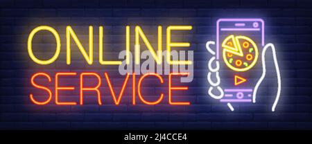 Online Service Zeichen in Neon-Stil. Gelber und roter Text, Handy mit Hand und Pizza auf dem Bildschirm. Nächtliche Werbung. Vektordarstellung Stock Vektor