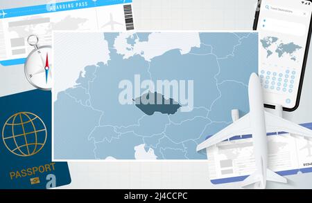 Reise nach Tschechien, Illustration mit einer Karte der Tschechischen Republik. Hintergrund mit Flugzeug, Handy, Pass, Kompass und Tickets. Vektormodell Stock Vektor
