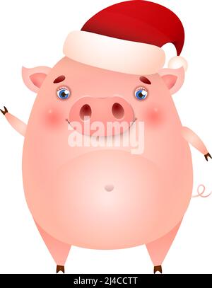 Lustige niedliche Schwein in Santa Hut winken HUF. Tier, Kostüm, Feier. Weihnachtskonzept. Kann für Grußkarten, Poster, Broschüren und Brochu verwendet werden Stock Vektor