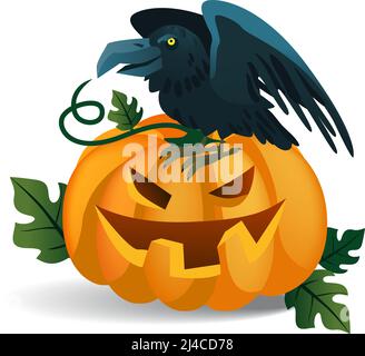 Lächelnder Kürbis und Krähe sitzen darauf. Halloween Cartoon-Figuren isoliert flache Vektor-Illustration. Halloween-Party-Konzept. Stock Vektor