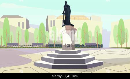 Antiker König mit Schwertdenkmal auf Standvektordarstellung. Steinstatue im Stadtpark. Historienkonzept Stock Vektor