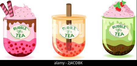 Eine Reihe von verschiedenen Teesorten. Flache lackierte Elemente. Schicke Getränke. Grüner Tee, Matcha-Milch, Kakao-Brownie und fruchtig, bestehend aus gemischten Früchten Stock Vektor
