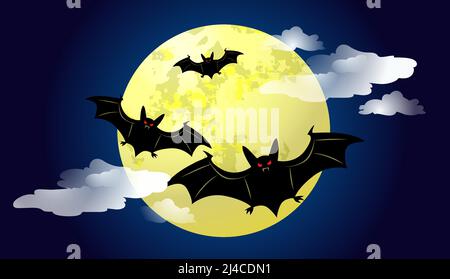 Fledermäuse fliegen gegen Mondlicht bei Nacht Vektor-Illustration. Halloween Hintergrund. Für Websites, Hintergrundbilder, Banner oder Poster Stock Vektor