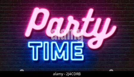 Neonschild an einer Ziegelwand - Party Time Stockfoto