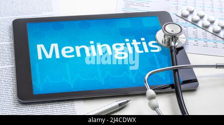 Das Wort Meningitis auf dem Display einer Tablette Stockfoto