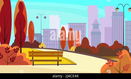 Stadtparkweg mit Herbstbäumen, Büschen, Bänken, Laternen und Wolkenkratzern im Hintergrund. Stadtbild, Erholungsgebiet. Vektor im flachen Stil illustrati Stock Vektor