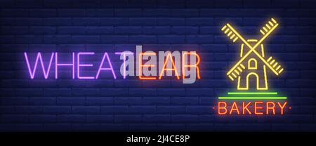 Wheatear, Bäckerei Neon Text mit Windmühle. Bäckerei und Konditorei Konzept. Werbedesign. Nacht helles Neonschild, bunte Plakatwand, Lichtverbot Stock Vektor