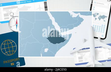 Reise nach Äthiopien, Illustration mit einer Karte von Äthiopien. Hintergrund mit Flugzeug, Handy, Pass, Kompass und Tickets. Vektormockup. Stock Vektor