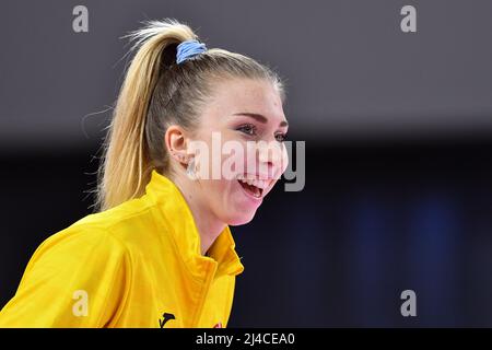 Florenz, Italien. 13. April 2022. Sarah Fahr (Prosecco Doc Imoco Volley Conegliano) lächelt während des Playoff - Il Bisonte Firenzone vs Prosecco Doc Imoco Volley Conegliano, Volleyball Italienische Serie A1 Frauenspiel in Florenz, Italien, April 13 2022 Quelle: Independent Photo Agency/Alamy Live News Stockfoto