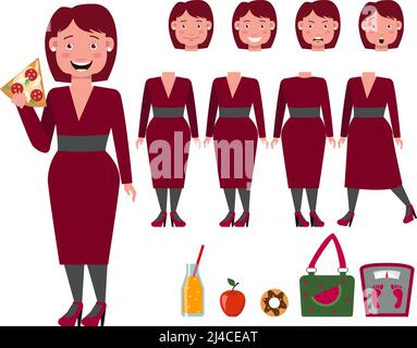 Fat Lady in Kleid essen Pizza Charakter mit verschiedenen Posen, Emotionen, Gesten gesetzt. Körperteil, Waage, Beutel, Donut, Apfel. Kann für verwendet werden Stock Vektor