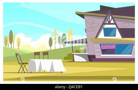 Schönes Haus und runder Tisch mit Tuch im Freien. Modernes Steinhaus auf dem Land. Tranquility-Konzept. Illustration kann für Themen lik verwendet werden Stock Vektor
