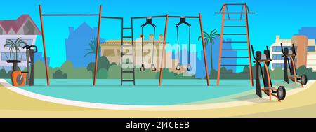 Sportplatz mit Vektorgrafik für Straßenfitnessgeräte. Moderner Stadtplatz mit Trainingsgeräten. Abbildung: Sportplatz Stock Vektor