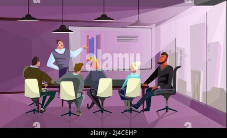 Geschäftsleute diskutieren Unternehmen Finanzen Vektor Illustration. Vorgesetzter präsentiert den Kollegen im Besprechungsraum Bericht. Konzept des Jahresberichts Stock Vektor