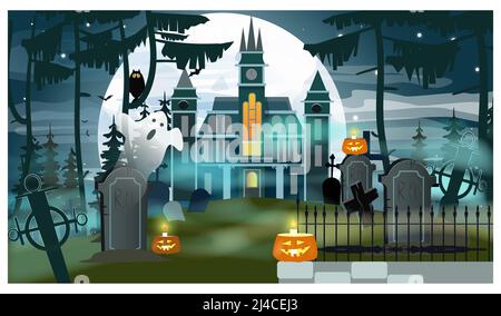 Schloss und Gräber im Wald, mit Geist und Kerzen im Mondlicht. Halloween Nacht Hintergrund. Urlaubskonzept. Für Websites, Hintergrundbilder, Banner oder POS Stock Vektor