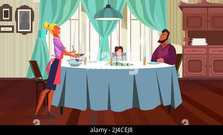Familie mit Abendessen zu Hause Vektor-Illustration. Glückliche Familie, die sich an einem Tisch versammelt, Mutter goss Suppe in den Speisesaal. Essen Konzept Stock Vektor