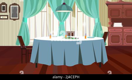 Gemütliches Esszimmer mit Tisch Vektor Illustration. Serviert Tisch mit blauem Tuch und Hängelampe darüber. Home-Konzept Stock Vektor