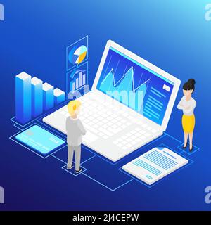 Isometrische Finanzanalyse. Mitarbeiter, der dem Vorgesetzten unterstellt ist. Computer, Karten, Papier, Kreditkarte. Finanzmanagement-Konzept. Infografischer isometrischer vect Stock Vektor