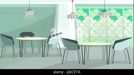 Gemütliches Café mit modernem Design Vektor Illustration. Moderne Cafeteria mit runden Tischen, Stühlen und Mosaikwänden. Innenansicht Stock Vektor