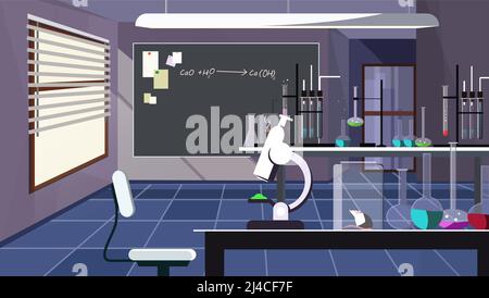 Dunkler Laborraum mit Glaswaren auf dem Tisch, Vektorgrafik. Arbeitsbereich mit Tisch voller Instrumente für wissenschaftliche Experimente. Chemie-Koncep Stock Vektor