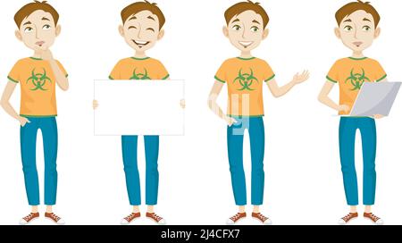 Männliches Genie in T-Shirt mit Bio-Hazard-Zeichen Charakter mit verschiedenen Posen, Emotionen, Gesten gesetzt. Teil von Hipster, Laptop, Poster. Kann für t verwendet werden Stock Vektor