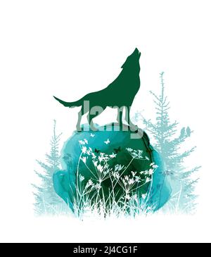 Der Wolf heult im Wald auf einem Stein. Vektorgrafik Stock Vektor