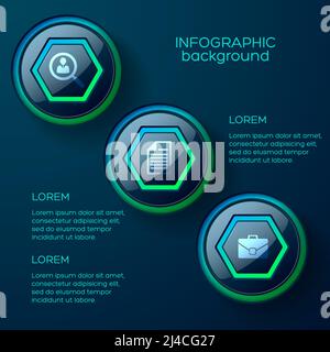 Abstraktes Web-Infografik-Konzept mit drei bunten, glänzenden Web-Buttons Und Business Icons Vektordarstellung Stock Vektor