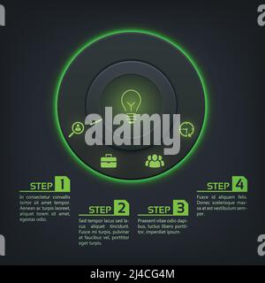 Abstrakte Infografik-Vorlage mit runder Taste grün Hintergrundbeleuchtung vier Optionen Und Symbole auf Vektorgrafik mit dunklem Hintergrund Stock Vektor