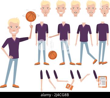 Erfolgreiche gut aussehende High School Basketballspieler Charakter mit verschiedenen Posen, Emotionen, Gesten gesetzt. Körperteile. Kann für Themen wie c verwendet werden Stock Vektor