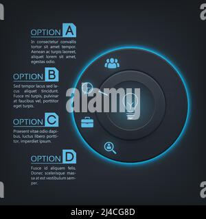 Web-Interface Infografiken mit runden Taste blau Hintergrundbeleuchtung vier Optionen Und Symbole auf Vektorgrafik mit dunklem Hintergrund Stock Vektor