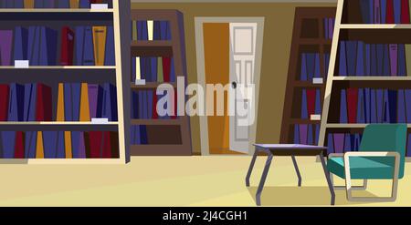 Home Bibliothek mit Bücherregale Vektor-Illustration. Modernes Zimmer mit bequemem Stuhl und Glastisch. Abbildung der Wohnung Stock Vektor