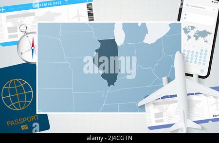 Reise nach Illinois, Illustration mit einer Karte von Illinois. Hintergrund mit Flugzeug, Handy, Pass, Kompass und Tickets. Vektormockup. Stock Vektor