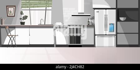 Moderne Küche mit Geräten Vektor-Illustration. Grauer Küchenbereich mit Theke, Kühlschrank, Backofen und Fenster. Innenansicht Stock Vektor