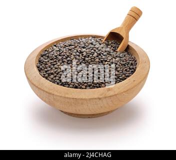 grüne Linsen in einer Holzschale Stockfoto