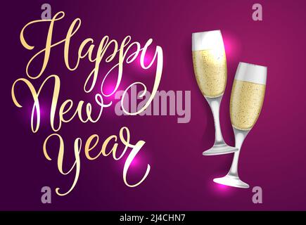 Frohes neues Jahr Postkarte Design. Zwei Champagnerflöten auf leuchtendem magentafarbenem Hintergrund. Die Vorlage kann für Poster, Grußkarten, Flyer verwendet werden Stock Vektor