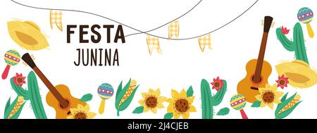 Festa Junina Brasilien Juni Erntefest Flyer oder Banner-Vorlage, flache Vektor-Cartoon-Illustration isoliert auf weißem Hintergrund. Bunt horizontal Stock Vektor