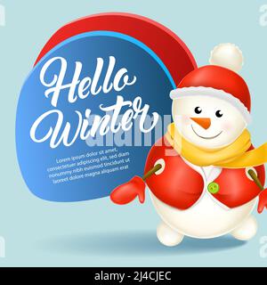 Hallo Winter Grußkarte Design. Schneemann Zeichentrickfigur auf blauem Hintergrund. Die Vorlage kann für Banner, Poster, Einladungen zur Party verwendet werden Stock Vektor