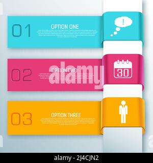 Bunte Infografik Web-Band horizontale Banner mit Text drei Optionen Und weiße Symbole isolierte Vektordarstellung Stock Vektor