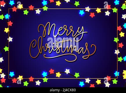 Fröhliches Weihnachtsposterdesign. Sternförmige Lichter und Rahmen auf hellblauem Hintergrund. Die Vorlage kann für Banner, Grußkarten, Flyer verwendet werden Stock Vektor