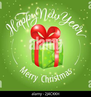 Frohe Weihnachten, Happy New Year Schriftzug mit Geschenkbox. Weihnachtskarte. Handgeschriebener und getippte Text, Kalligraphie. Für Broschüren, Broschüren, in Stock Vektor