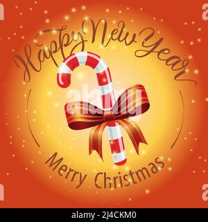 Frohe Weihnachten, Happy New Year Schriftzug mit Zuckerrohr. Weihnachtskarte. Handgeschriebener und getippte Text, Kalligraphie. Für Prospekte, Broschüren, Stock Vektor